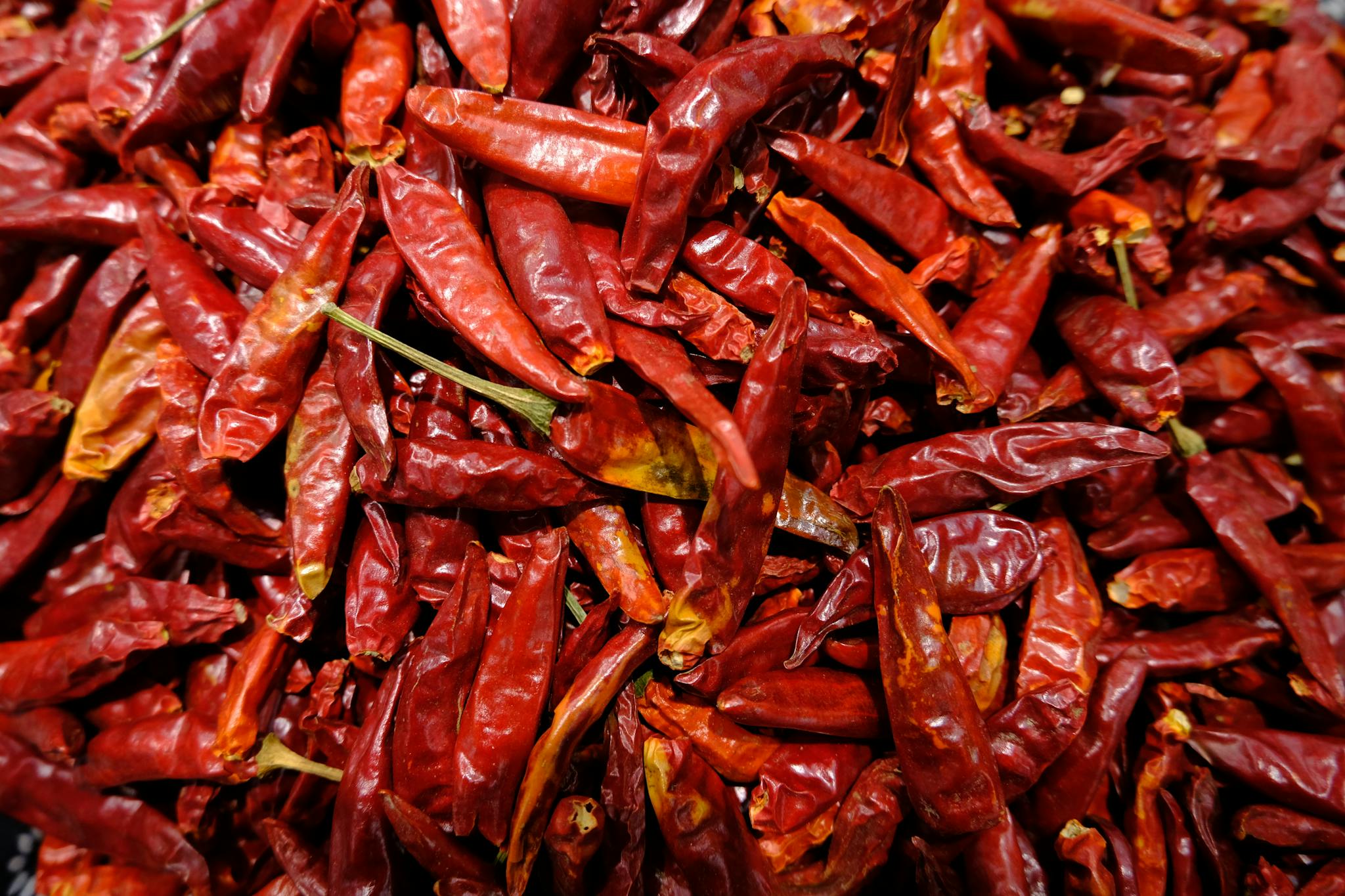 Close-up shot of vibrant red dried chili peppers, highlighting their texture and color.